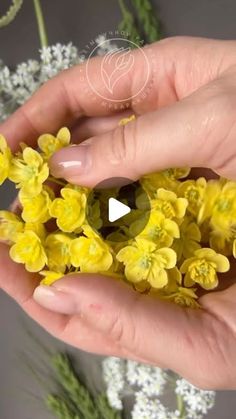 a person holding yellow flowers in their hands