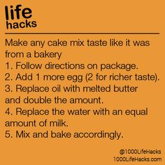 an orange poster with instructions on how to make cake mix like it was from a bakery