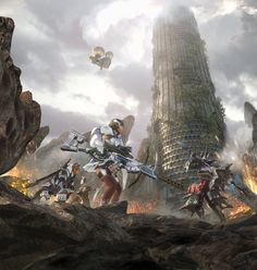 an image of some sci - fi characters in the middle of a battle with other people