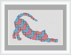 a cross stitch pattern with the shape of a horse in red, white and blue