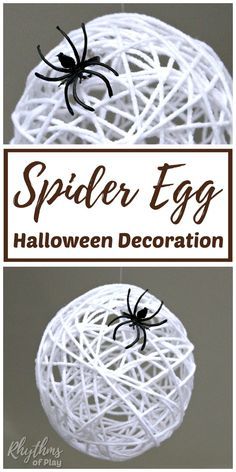 spider egg halloween decoration made out of yarn with the words spider eggs on top and below it