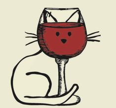 a drawing of a wine glass with a cat face on it's head, sitting in front of a white background