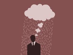 a man standing in the rain with an umbrella and thought bubble above his head on a brown background