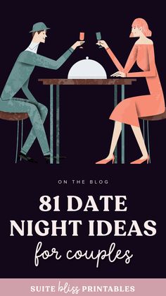 a man and woman sitting at a table with the text, 8 date night ideas for couples