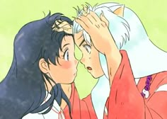 two anime characters kissing each other in front of a green background, with one holding his head to the other's forehead