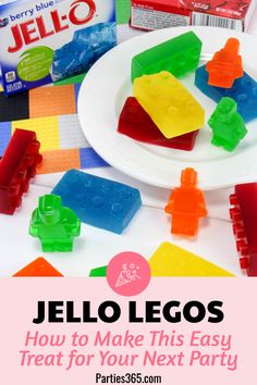 jello legos on a white plate with the text how to make this easy treat for your next party