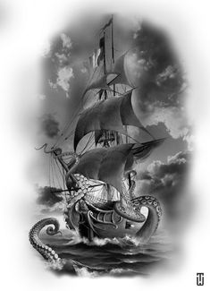 an octopus is riding on top of a boat in the ocean with a pirate ship behind it