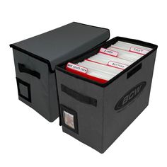 a black storage box with files in it