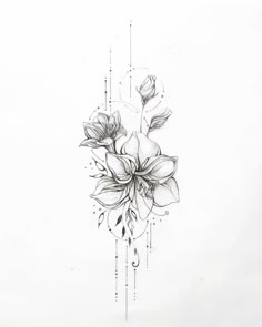 a black and white drawing of flowers on the side of a woman's body