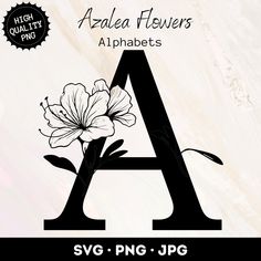 the letter a with flowers on it is in black and white, next to an image of