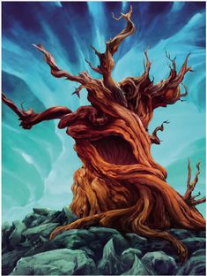 an artistic painting of a tree stump with its mouth open and the sky in the background