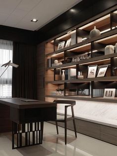 a room with a desk and shelves filled with books