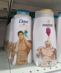 three bottles of pantene are sitting on a shelf in a store, one is for men and the other has an image of a shirtless man's torso