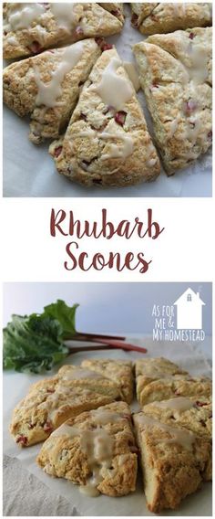 rhubarb scones on a white plate with the words rhubarb scones above it