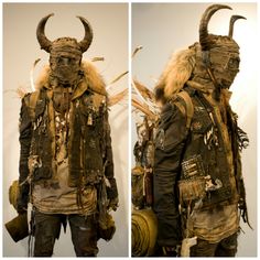 two pictures of a man with horns on his head and clothes in front of him