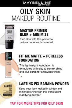 Oily skin makeup routine: Maybelline Master Prime Blur + Smooth Primer, Fit Me Matte + Poreless Foundation, and Lasting Fix Banana Powder. Skin Prep For Makeup, Oil Skin Makeup, Makeup Skin Prep, Makeup Stay On All Day, All Day Stay Makeup, Primer For Makeup, Oily Skin Makeup Tips, Best Primer For Oily Skin And Pores, Oily Skin Makeup Products