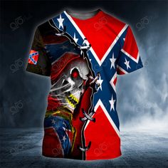 a red white and blue shirt with a skull on it