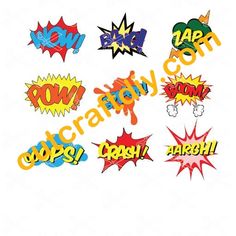 various comic speech bubbles with the words wow and pop written on them, all in different colors