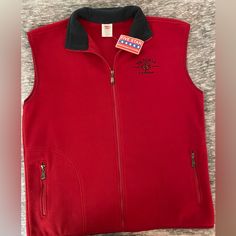 Women’s Xl, Zip Up, Deep Red Polar Fleece Vest With Navy Collar. Victoria, Canada Embroidered In Vest. Never Worn. Red Fleece Outerwear For Outdoor Activities, Fitted Red Vest Outerwear, Red Retro Winter Vest, Red Cotton Retro Vest, Red Sleeveless Vest With Pockets, Bc Logo, Red V-neck Cotton Vest, Red Fleece, Fleece Vest