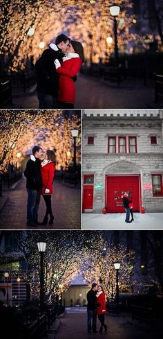 two people standing in front of a red door at night with christmas lights on the trees