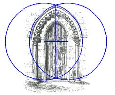 the golden section of an arc with a cross in it, and a blue circle around it