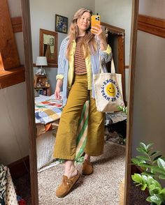 Caitlin B. ☻ (@thrift_bee) • Instagram photos and videos Thrifted Maximalist Outfits, August Style Outfits, Eccentric Art Teacher Outfits, Art Studio Outfit, Eclectic Office Outfit, Fun Colorful Outfits, Eclectic Outfits For Women, Quirky Fashion Aesthetic, Granola Chic