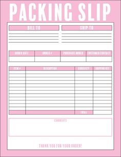 a pink and white packing slip with the words, thank you for your order