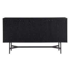 the sideboard is made from black wood and has two doors, one door open to reveal