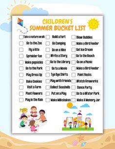 a children's summer bucket list is shown in this printable file for kids