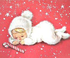 a painting of a baby laying down next to a candy cane on a red background