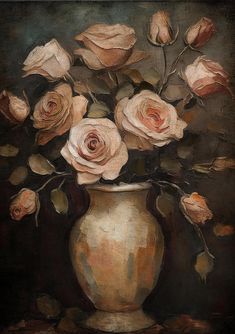 a painting of roses in a vase on a table