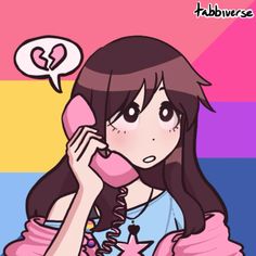 a girl talking on a pink phone with an expression bubble above her head that says, i love you