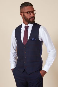 EDINSON - Navy Wine Check Single Breasted Waistcoat Navy Wedding Suit, Burgundy Red Wedding, Burgundy Wedding Theme, Navy Suit Wedding, Red Wedding Theme, Prince Of Wales Check, Trousers White, Navy Tie, Rich Burgundy