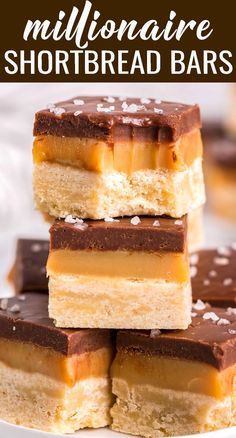 three pieces of shortbread bars stacked on top of each other with chocolate and sea salt