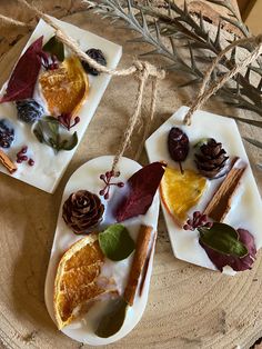 three slices of fruit on plates with dried leaves and pine cones hanging from twine