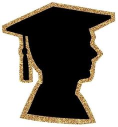 a black and gold graduation cap with a tassel on it's head in the shape of a silhouette