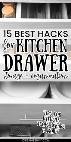 Open white kitchen drawers showing tools and plates Kitchen Drawer Organizing, Kitchen Drawer Organization Ideas, Organize Kitchen Utensils, Drawer Organization Ideas, Clever Kitchen Hacks, Kitchen Drawer Storage, Kitchen Utensil Organization