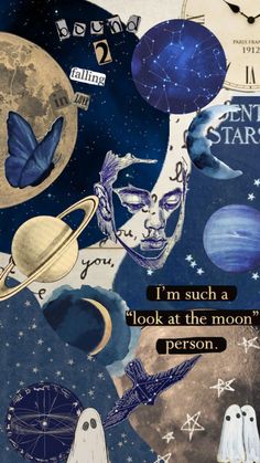 a collage of images with words written on them and an image of the moon