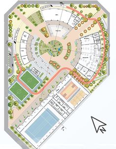 an aerial view of a tennis court and parking lot