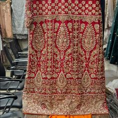 A Luscious Red And Gold Combination Paired With Pops Of Green And Hot Pink In The Bordered Ezaar, And A Orange Zari Net Dupatta For A Classic, Royal Look. Size: 10-14 (M-L) Only Worn Once For 2 Hours Red Dress With Pallu And Traditional Drape, Formal Red Lehenga With Intricate Embroidery, Formal Red Lehenga With Dupatta, Red Floor-length Formal Set, Red Dress With Traditional Drape For Formal Occasions, Red Formal Floor-length Set, Red Floor-length Formal Dress Set, Red Formal Dress With Traditional Drape, Formal Red Floor-length Dress Set