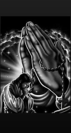 a black and white drawing of a praying person with his hands in front of him