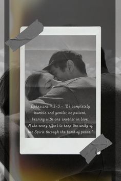 a couple kissing each other in front of a black and white photo with the caption