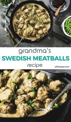 the cover of grandma's swedish meatballs recipe is shown with peas and broccoli