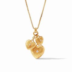 24ky Gold Plated 35' "Esme" Heart Charm Pendant in Cubic Zirconia Three Of Hearts, Disney Charm Bracelet, Julie Vos, Jewelry Photoshoot, Puffed Heart, Jewelry Lookbook, Charm Pendant Necklace, Fine Jewels, Heart Studs