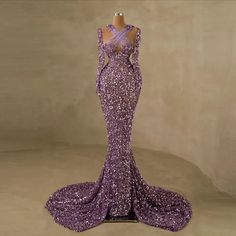 Luxury Sequined Crystal Evening Dresses Glitter Beading Mermaid Party Gown With Sequins And Long Train, Glamorous Purple Mermaid Evening Dress, Glamorous Purple Mermaid Dress For Evening, Fitted Mermaid Gown With Sequins, Fitted Gown With Sequins And Long Train, Purple Mermaid Dress For Banquet, Purple Sequined Gown For Prom Season, Purple Mermaid Dress For Banquets, Purple Sequined Mermaid Dress For Evening