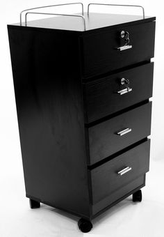 a black filing cabinet with three drawers on wheels