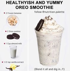 an ice cream smoothie with cookies and milk is shown in this ad for the health and yummy oreo smoothie