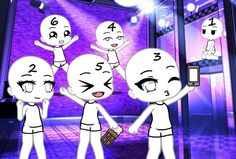 an animated image of five people with numbers on their faces and hands in the air