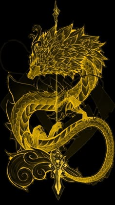 a yellow dragon on a black background