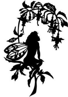 the silhouette of a fairy sitting on a branch with flowers and leaves around her legs